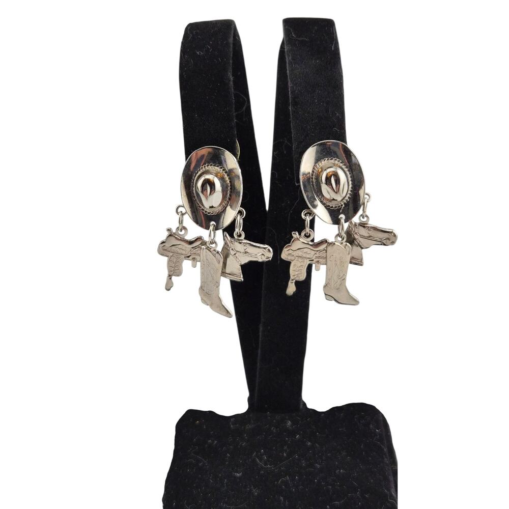 Vintage Western Dangle Earrings Cowboy Hat &  Boot Gun Horse Charms Silver Tone